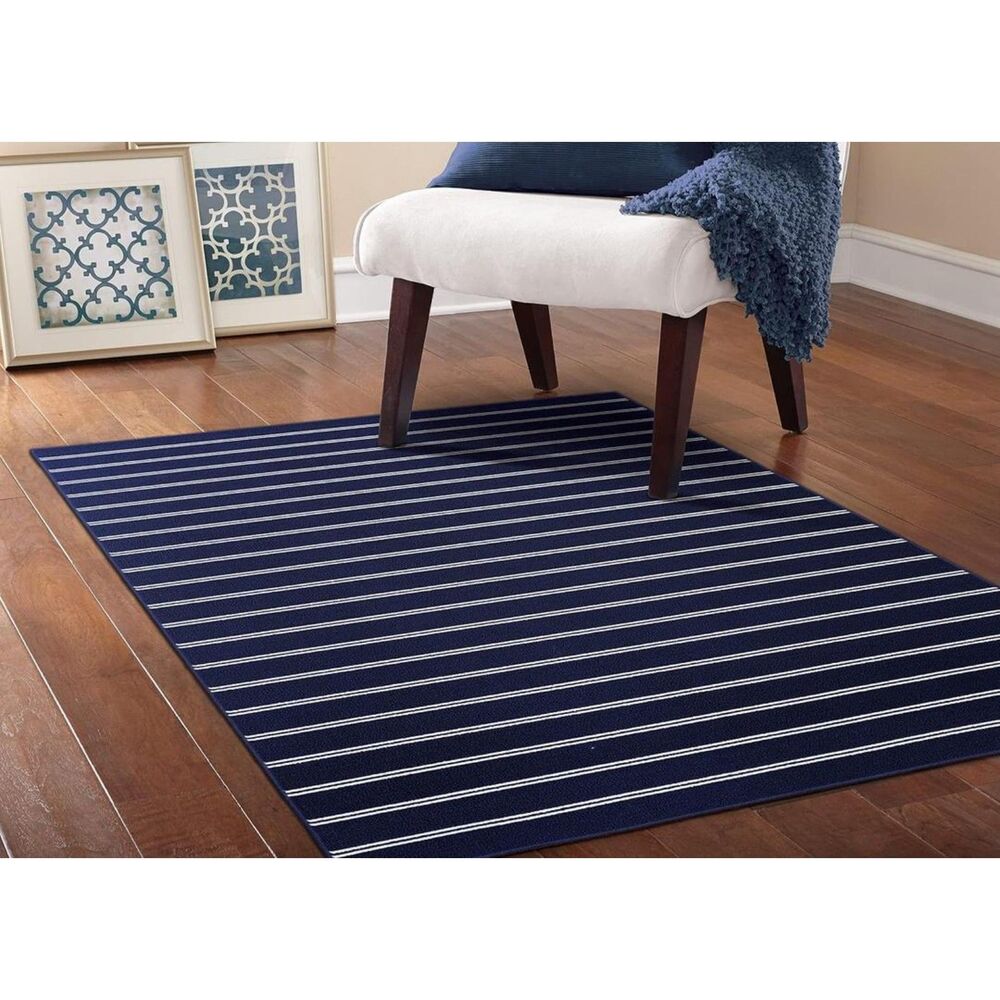 Brand New Garland Rug Avery Navy Blue & White Striped Area Rug – 5′ × 7′6″